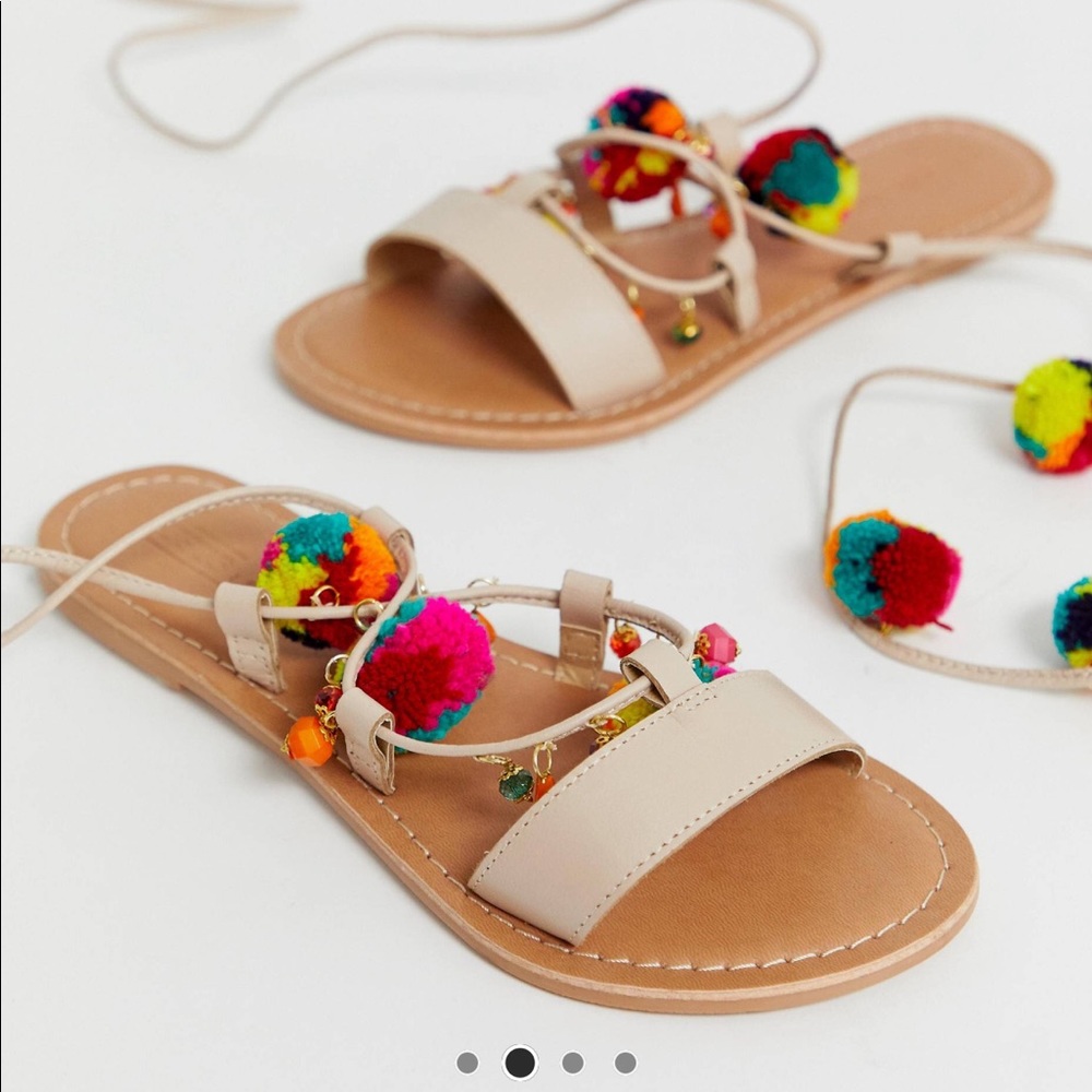 ASOS DESIGN Pom Pom Leather Tie Sandals
